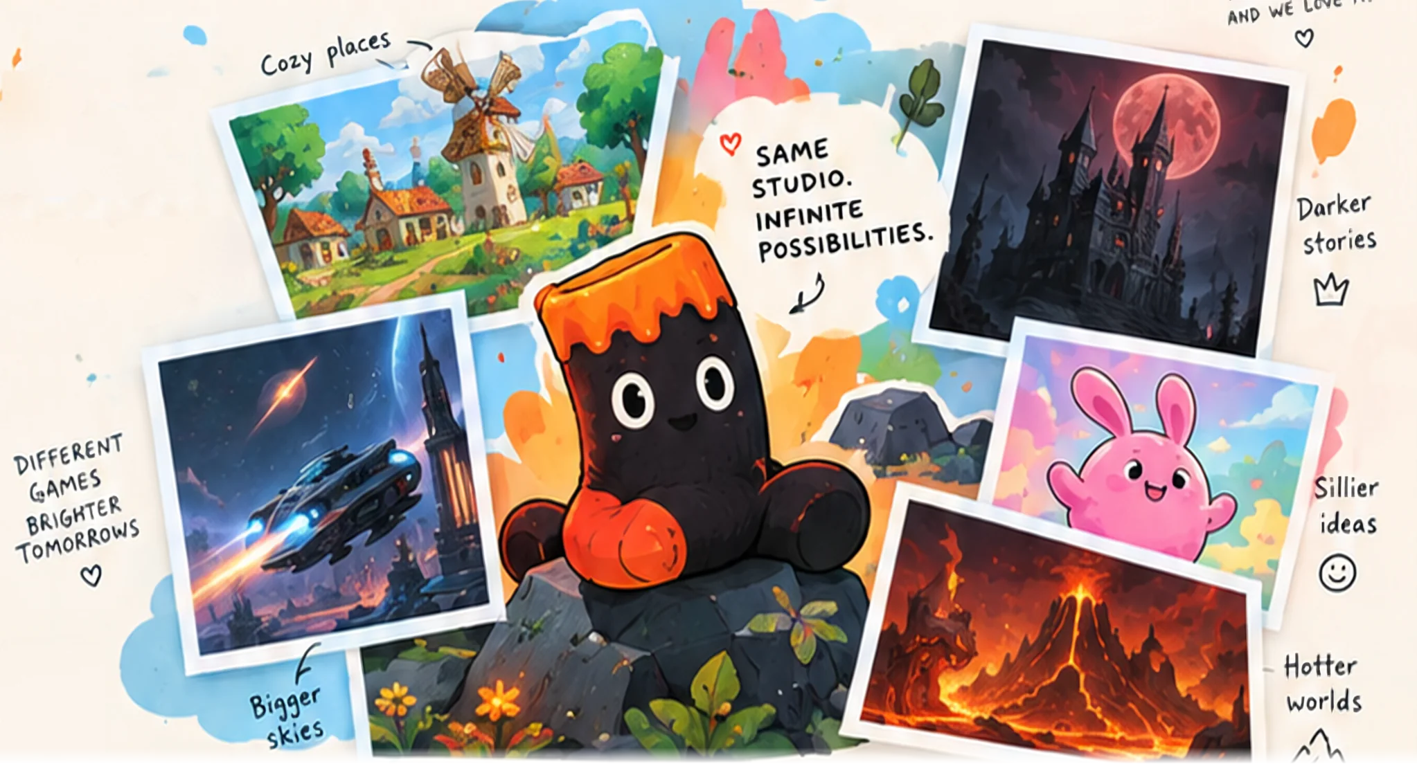 The Lavasocks mascot, a lava-topped sock, sitting on a rock surrounded by snapshots of very different game worlds
