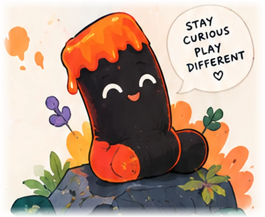 The Lavasocks mascot smiling: stay curious, play different