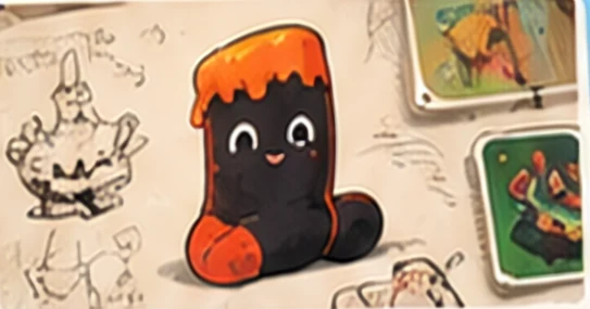 Mascot plush beside early concept sketches
