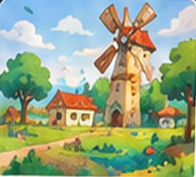A windmill over a sunny village