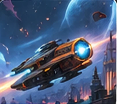 A starship streaking past a space tower